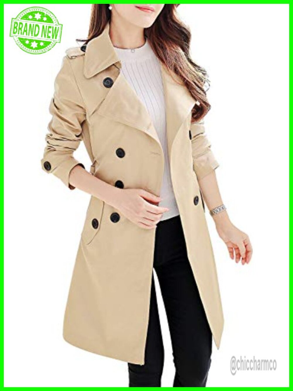 Women's Double-Breasted Trench Coat Slim Fit Waterproof Overcoat with Belt